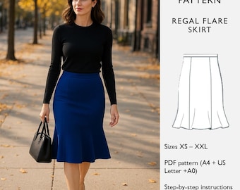 Trumpet Skirt Sewing Pattern: Knee-Length Flared Design (PDF Digital Download)  - in English