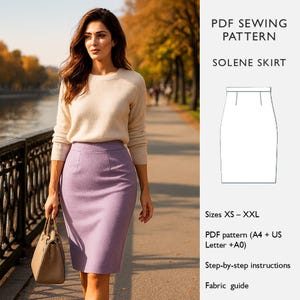 May include: A woman wearing a light beige sweater and a lavender pencil skirt, holding a tan handbag. The image includes a diagram of the Solene skirt pattern, with text indicating sizes XS-XXL, PDF pattern details, step-by-step instructions, and a fabric guide.