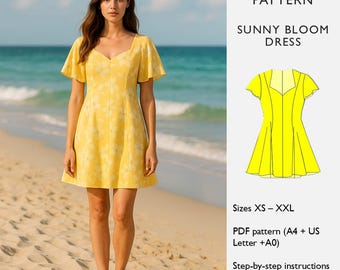 Dress Sewing Pattern – Sweetheart Neckline – Short Flared Sleeves – PDF Download – Sunny Bloom Dress  - in English