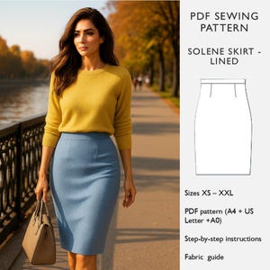May include: A woman wearing a yellow sweater and a light blue pencil skirt, holding a tan handbag. The image includes a PDF sewing pattern for a Solene skirt, with sizes XS-XXL, step-by-step instructions, and a fabric guide.