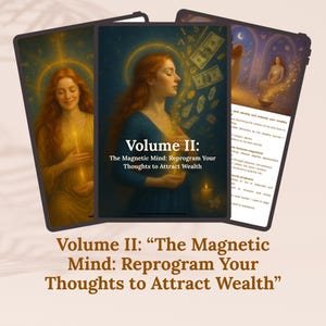 Puede incluir: Tabletas que muestran ilustraciones con una mujer y texto. La tableta central muestra "Volume II: The Magnetic Mind: Reprogram Your Thoughts to Attract Wealth". La obra de arte presenta a una mujer pelirroja con un halo, con símbolos de dinero.