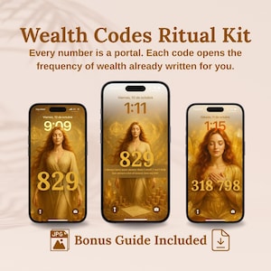 May include: An advertisement for a Wealth Codes Ritual Kit. The image shows three smartphones displaying different codes and times. The text reads "Every number is a portal. Each code opens the frequency of wealth already written for you."