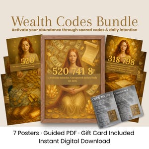 May include: A collection of digital art prints and a guide, featuring images of a woman with long red hair, gold accents, and numerical codes. The text includes "Wealth Codes Bundle" and "Activate your abundance through sacred codes & daily intention."