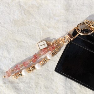 Personalized Initial Keychain: Pearl Beaded Bag Charm, Custom Gift for Her, Pink Gemstone Jewelry