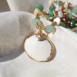 Gold Dipped Shell Necklace, Aventurine Quartz, Coastal Boho Jewelry