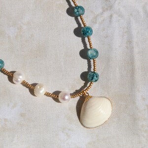Freshwater Pearl Blue Stone Necklace | Sea Shell Pendant | Coastal Beaded Handmade Jewelry