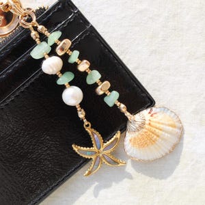 Personalized Custom Bag Charm Keychain Gift for Her: Freshwater Pearl Green Aventurine Scallop Shell Purse Accessory, Starfish Beach Jewelry