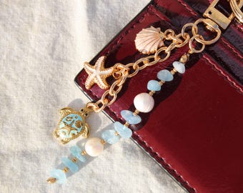 Bag Charm Keychain Gift for Her: Blue Quartz Pearl and Sea Turtle Charm, Coastal Purse Accessory, Starfish Beaded Beach Charm Jewelry