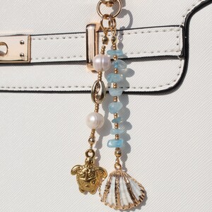 Personalized Custom Bag Charm Shell Keychain Gift for Her: Blue Quartz Pearl and Sea Turtle Charm, Coastal Purse Accessory, Beach Jewelry