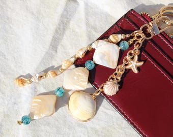 Bag Charm Keychain Gift for Her: Custom Shell Bead Coastal Purse Accessory with Starfish and Scallop Shell, Blue Gemstone
