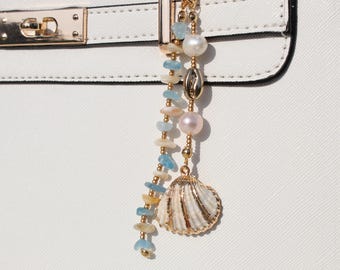 Bag Charm Shell Keychain Gift for Her: Blue and Creme Quartz Freshwater Pearl, Cowrie Shell Coastal Purse, Scallop Shell Beach Jewelry