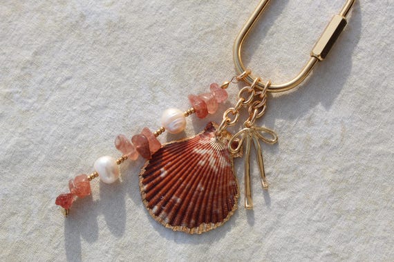 Personalized Custom Bag Charm Shell Keychain Gift for Her: Strawberry Quartz and Pearl Purse Accessory with Scallop Shell, Charm Keychain