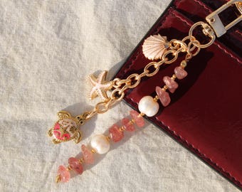 Bag Charm Keychain Gift for Her: Pink Strawberry Quartz Pearl & Sea Turtle Coastal Purse Accessory, Starfish Beaded Pink Stone Beach Jewelry