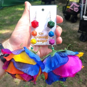 Rainbow D20 Earrings | Pride Flag earrings | Pride Resin Dice jewelry | Faux flower earring | Large dangle earrings