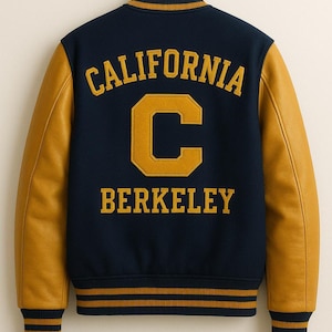 Könnte beinhalten: Marineblaue und goldfarbene Collegejacke. Auf der Rückseite steht in goldener Schrift das Wort "CALIFORNIA", ein goldenes "C" und das Wort "BERKELEY". Die Ärmel sind aus goldfarbenem Leder. Gold- und marinefarbene Streifendetails.