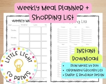 May include: A printable weekly meal planner and shopping list. The planner includes sections for each day of the week and meal times. The shopping list has categories for produce, deli, bakery, meat, frozen, pantry, and beverages. The design includes the text "INSTANT DOWNLOAD".