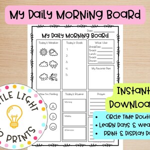 Daily Morning Board pour enfants | Tableau imprimable des routines et de la météo | Page d'accueil pour l'école à la maison avec émotions et espace de prière
