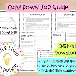 Op de afbeelding: Een afdrukbare "Calm Down Jar Guide" met instructies en richtlijnen voor het maken van een kalmerende pot. De gids bevat tekst, een potillustratie en de woorden "Direct downloaden". De gids helpt kinderen zichzelf te reguleren.