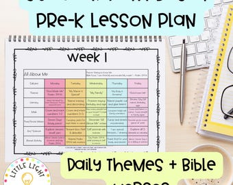 36-Wochen-glaubensbasierter Pre-K-Unterrichtsplan | Tägliches Themed Grid | Bibel Memory Verse | Heimschule christlichen Planer