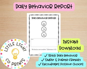 Relatório de comportamento diário para impressão | Gráfico de comportamento para educação domiciliar cristã | Rastreador de emoções | PDF em preto e branco