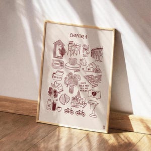 Peut inclure: Impression d'art encadrée avec un fond beige et des illustrations à l'encre brune. L'œuvre présente le texte "CHAPITRE 1" et des croquis d'objets et de scènes variés, notamment une maison, des clés et des vélos.