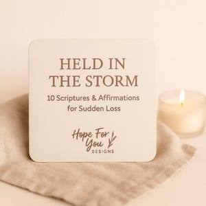 以下が含まれることがあります： 「HELD IN THE STORM」と「10 Scriptures & Affirmations for Sudden Loss」の文字が書かれた、角が丸い正方形のオフホワイトのカード。ベージュの布の上に置かれ、背景には火の灯ったキャンドルがあります。カードには「Hope For You DESIGNS」の文字も書かれています。