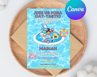 Gabby Dollhouse Pool Party Invitation | Editable Invitation Template Gabby Dollhouse | Gabby Dollhouse Canva Summer Birthday Template