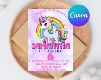 Unicorn 6th Birthday Invitation, Rainbow Pastel Party (Editable Canva Template)