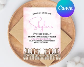 Horse Birthday Evite: Girl's Pony Party Invitation (Canva Template)