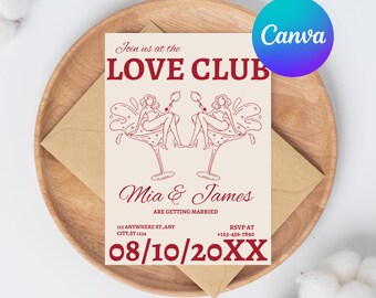 Red Love Club Martini Wedding Invitation Template | Printable, Editable (Canva)