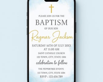 Elegant Baptism Invitation Evite – Greenery Accents, Editable Christening Template, Digital Download for Boys