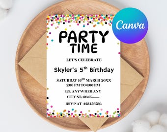 Pode incluir: Um convite para festa com as palavras "PARTY TIME" em letras pretas grandes. O convite é branco com confetes coloridos e inclui detalhes para o 5º aniversário de Skyler, data, hora e informações de RSVP. O logotipo da Canva é visível.
