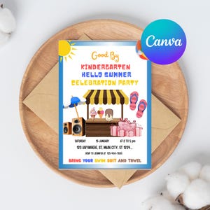 Goodbye Kindergarten Hello Summer Invitation Editable, End of School Party Invite, Graduation Party Template Printable