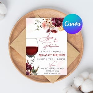 Editable Aged to Perfection Invitation, Wine Birthday Invitation, Winery Invitation, Fine Like Wine, Floral, Printable or Text Invite