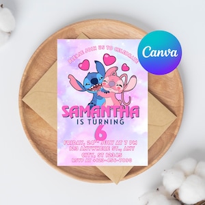 Stitch Birthday Invitation Template – Printable Kids Party Evite, Editable Canva Design, 5x7” Digital Download PDF