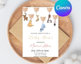 Winnie the Pooh Baby Shower Invitation – Editable Canva Template, Classic Pooh Theme Evite, Digital Download
