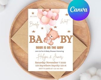 Modern Boho Teddy Bear Baby Shower Invitation Template – Stars Design, Editable Canva Printable Download