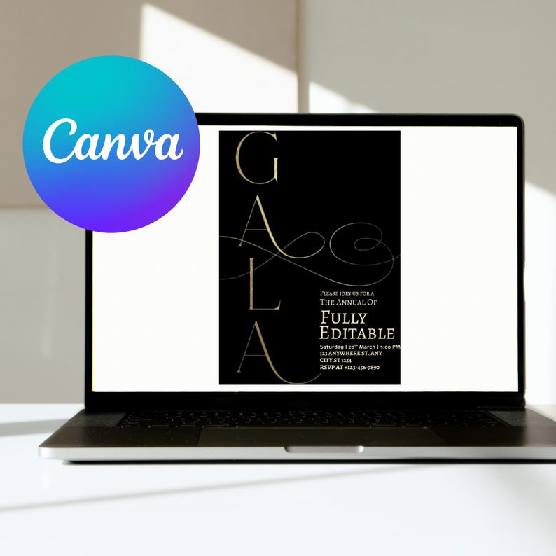 May include: A laptop displays a black and gold invitation for a gala event. The invitation reads "GALA" in large gold letters, with event details including date, time, and location. A Canva logo is in the upper left corner.