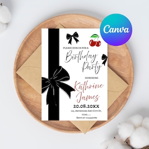 Elegant Black Bow Birthday Invitation – Coquette Style Evite, Watercolor Ribbon Template, 5x7” Editable Canva Digital Download