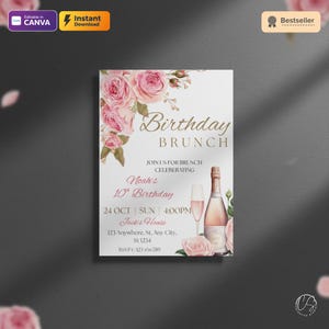 Pink Peach Floral Birthday Brunch Invitation: Editable Canva Template (5x7" PDF File)