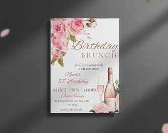 Pink Peach Floral Geburtstags-Brunch-Einladung: Bearbeitbare Canva-Vorlage (5x7 "PDF-Datei)