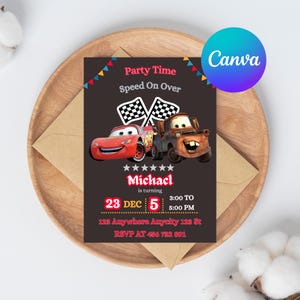 Lightning McQueen Birthday Invitation – Cars 2nd Birthday Party Evite, Editable Canva Template, Digital Download