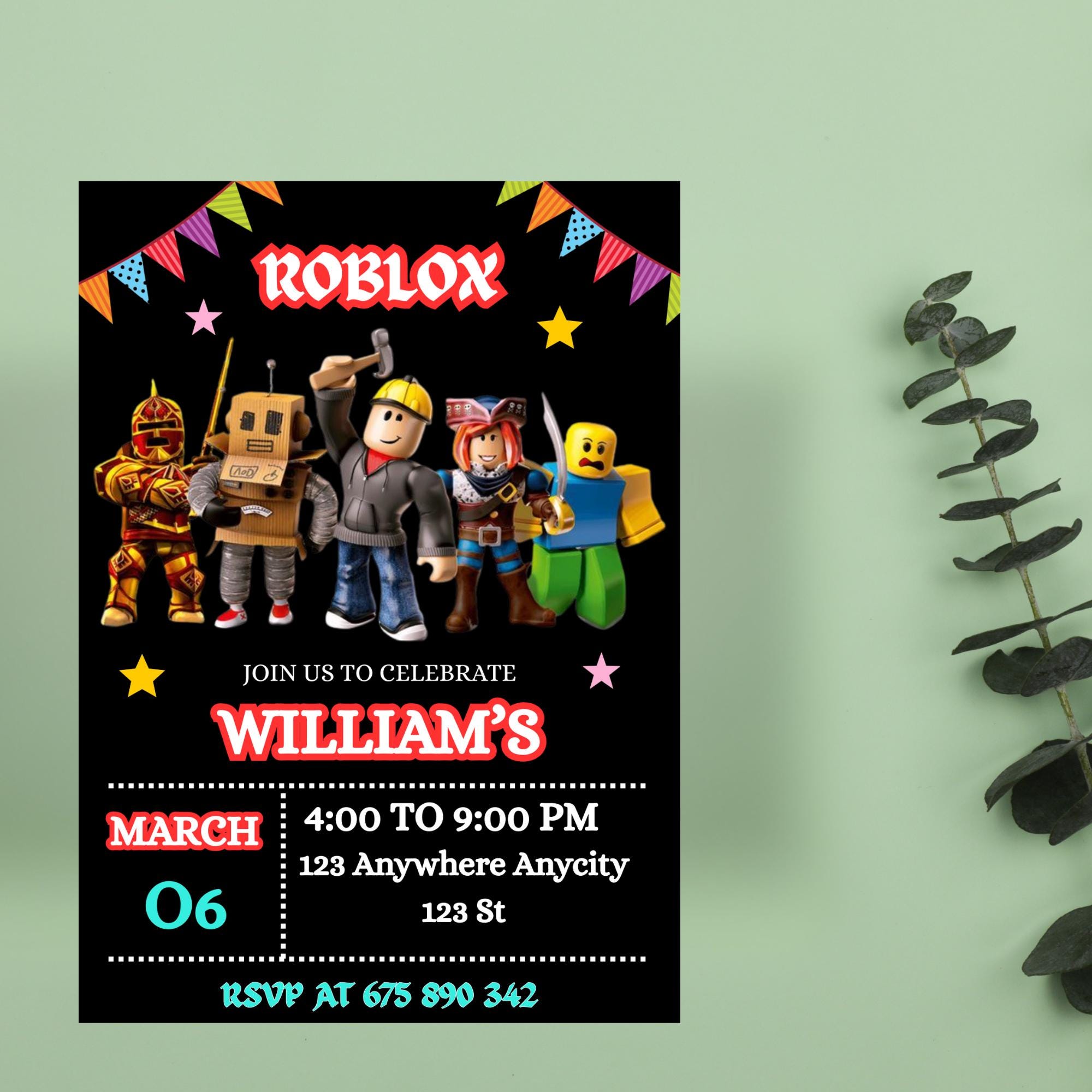 Editable Roblox Birthday Invitation Template: Game Party Invite (canva ...