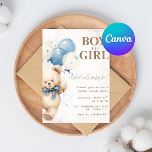 Editable Gender Revel Bear Baby Shower Invitation, Girl Boy We Can Bearly Wait Baby Shower Invite, Pink Blue Boho Bear Shower Invite