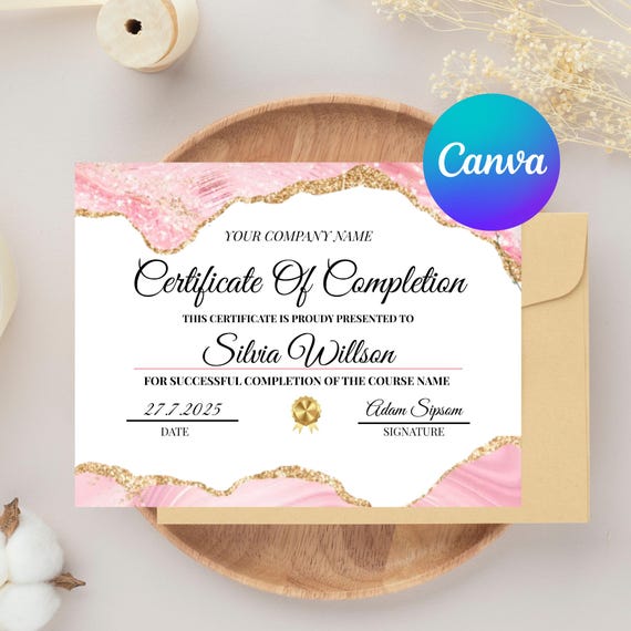Pink Training Certificate Template – Eyelash Extension Certificate, Editable Canva Design, 11x8.5” Digital Download