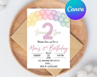 Pastel Rainbow 1st Birthday Invitation: Editable Canva Template (5x7" PDF File)