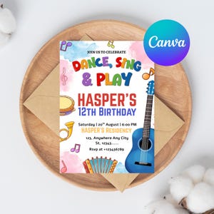 Peut inclure: Une invitation d'anniversaire colorée avec le texte "DANCE, SING & PLAY" et "HASPER'S 12TH BIRTHDAY". L'invitation comprend des instruments de musique comme une guitare, un accordéon et un tambour. Le logo Canva est visible.