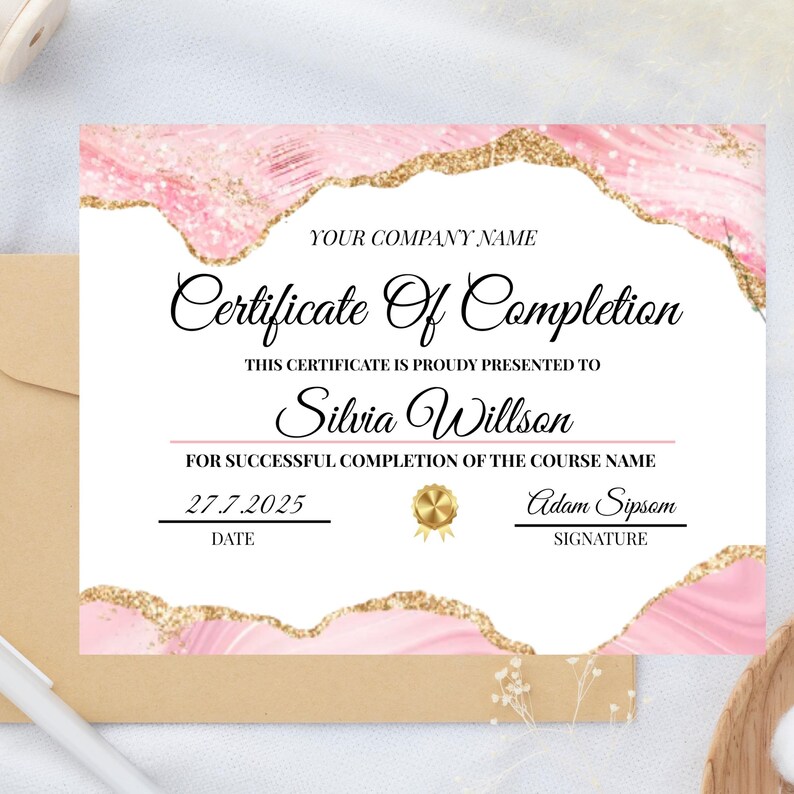 May include: A certificate of completion with a pink and gold design. The certificate includes the text "Certificate Of Completion" and "Silvia Willson". The date is 27.7.2025.