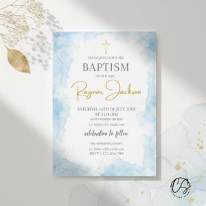 Tauf-Einladung für Jungen in Blau und Gold, bearbeitbare Canva-Vorlage, Aquarell-Tauf-Einladung, Invitación Bautizo, digitaler Download