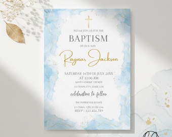 Invitación Bautizo Niño Azul y Dorado, Plantilla Editable Canva, Invitación Digital Acuarela, Bautizo Evite, Descarga Inmediata